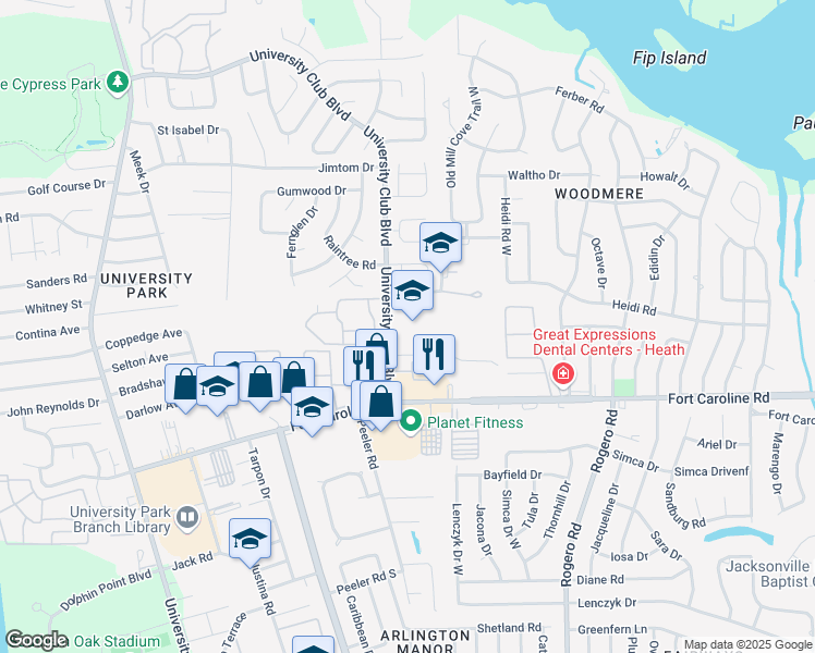 map of restaurants, bars, coffee shops, grocery stores, and more near 3787 University Club Boulevard in Jacksonville