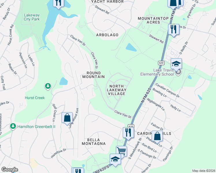 map of restaurants, bars, coffee shops, grocery stores, and more near 216 Bellagio Drive in Austin