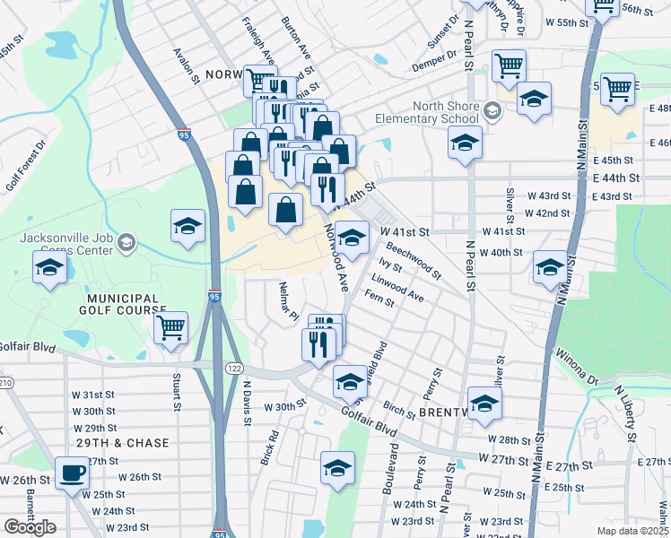 map of restaurants, bars, coffee shops, grocery stores, and more near 4738 Norwood Avenue in Jacksonville