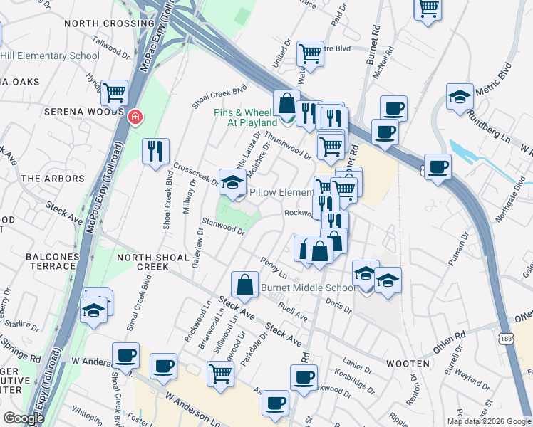 map of restaurants, bars, coffee shops, grocery stores, and more near 8601 Winding Walk in Austin