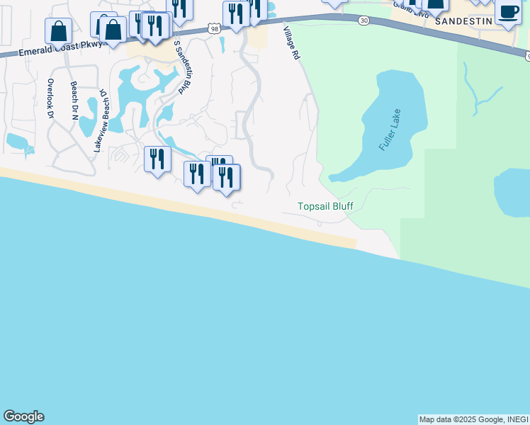 map of restaurants, bars, coffee shops, grocery stores, and more near 9011 US Highway 98 West in Miramar Beach