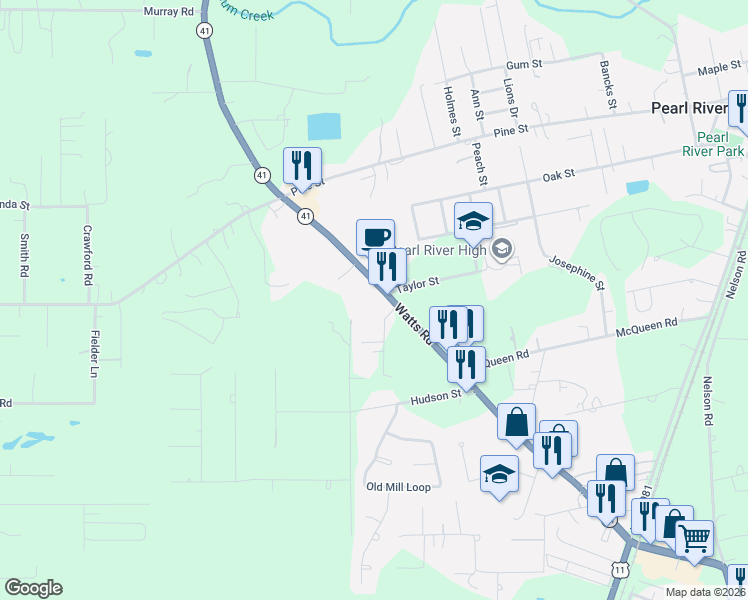 map of restaurants, bars, coffee shops, grocery stores, and more near 64529 Louisiana 41 in Pearl River