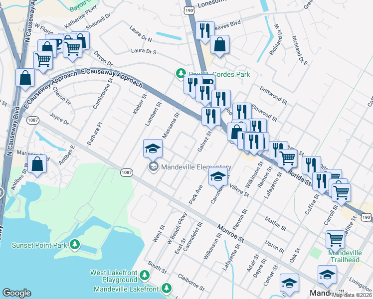 map of restaurants, bars, coffee shops, grocery stores, and more near 60 Magnolia Ridge Court in Mandeville