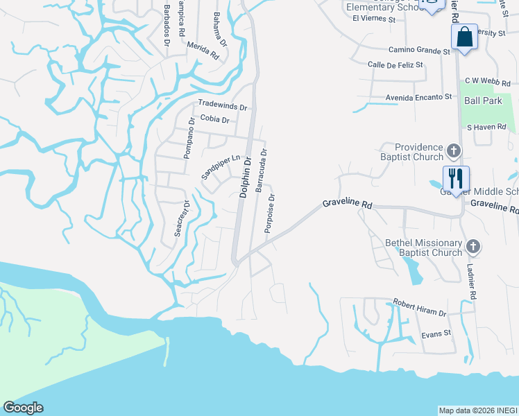 map of restaurants, bars, coffee shops, grocery stores, and more near 1904 Barracuda Drive in Gautier