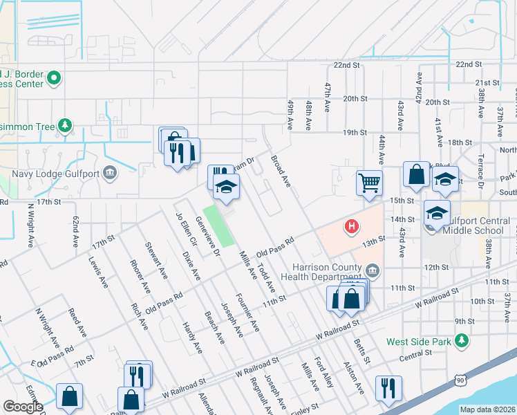 map of restaurants, bars, coffee shops, grocery stores, and more near 4545 Engram Drive in Gulfport