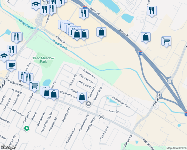map of restaurants, bars, coffee shops, grocery stores, and more near 14227 Gravier Avenue in Baton Rouge
