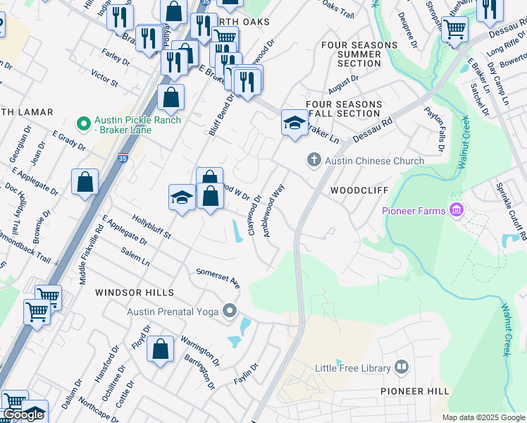 map of restaurants, bars, coffee shops, grocery stores, and more near 10908 Amblewood Way in Austin