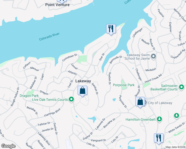 map of restaurants, bars, coffee shops, grocery stores, and more near 209 Finn Street in Lakeway