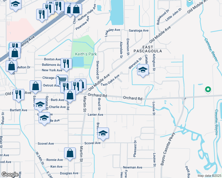 map of restaurants, bars, coffee shops, grocery stores, and more near 3407 Oakland Street in Pascagoula