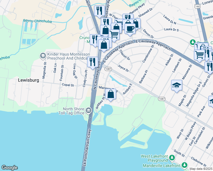 map of restaurants, bars, coffee shops, grocery stores, and more near 225 Caribbean Court in Mandeville