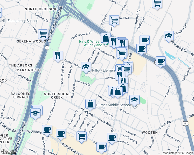 map of restaurants, bars, coffee shops, grocery stores, and more near 8601 Winding Walk in Austin