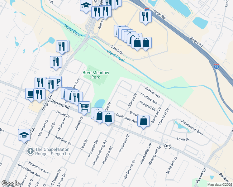 map of restaurants, bars, coffee shops, grocery stores, and more near 8817 Metairie Drive in Baton Rouge
