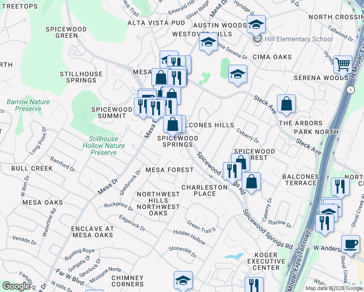 map of restaurants, bars, coffee shops, grocery stores, and more near 4131 Spicewood Springs Road in Austin
