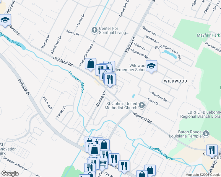 map of restaurants, bars, coffee shops, grocery stores, and more near 8905 Highland Road in Baton Rouge