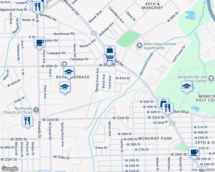map of restaurants, bars, coffee shops, grocery stores, and more near 5248 Spires Avenue in Jacksonville