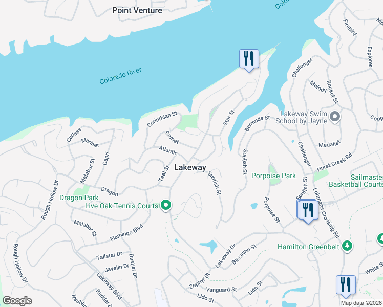 map of restaurants, bars, coffee shops, grocery stores, and more near 303 Lakeway Drive in Lakeway