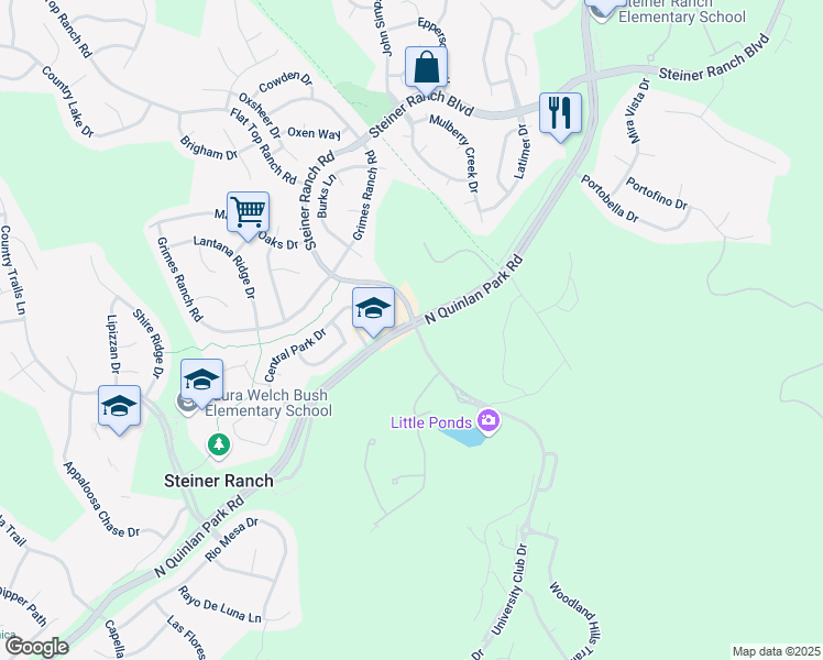 map of restaurants, bars, coffee shops, grocery stores, and more near 2900 North Quinlan Park Road in Austin
