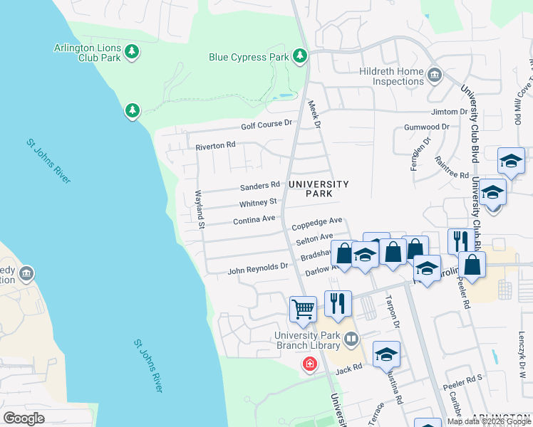 map of restaurants, bars, coffee shops, grocery stores, and more near 5447 Contina Avenue in Jacksonville