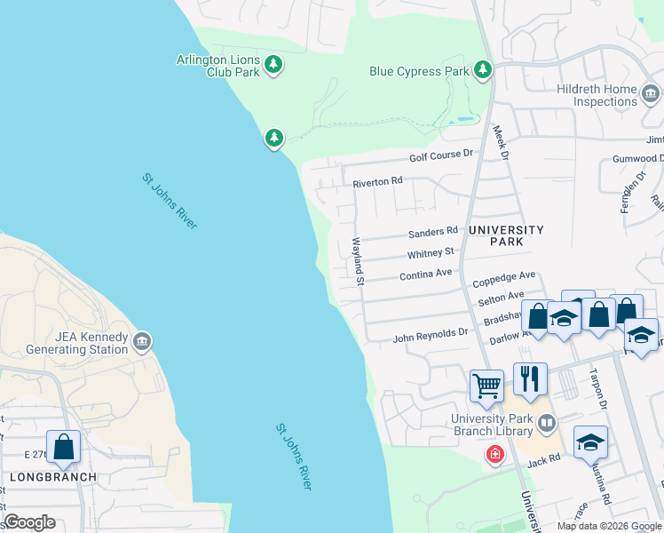 map of restaurants, bars, coffee shops, grocery stores, and more near 3818 Sandy Shores Drive in Jacksonville