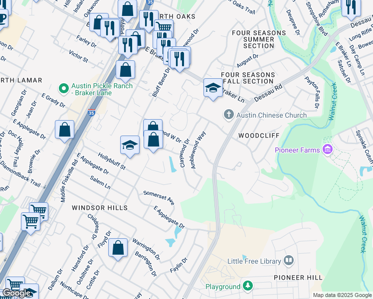 map of restaurants, bars, coffee shops, grocery stores, and more near 10908 Amblewood Way in Austin