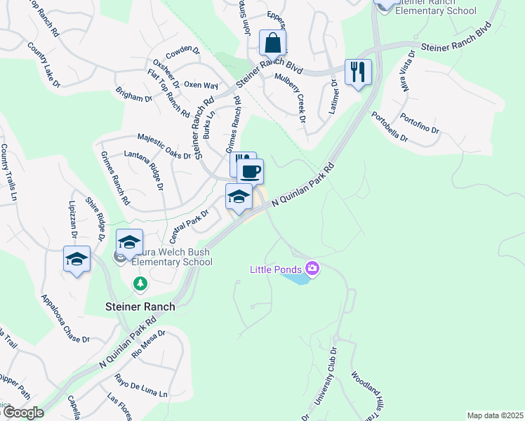 map of restaurants, bars, coffee shops, grocery stores, and more near 2900 North Quinlan Park Road in Austin
