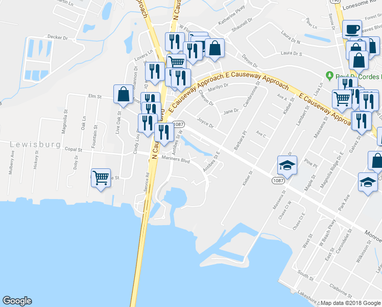 map of restaurants, bars, coffee shops, grocery stores, and more near 33-34 Trade Winds Court West in Mandeville