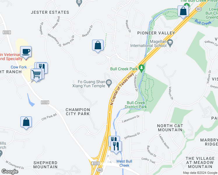 map of restaurants, bars, coffee shops, grocery stores, and more near 6720 North Capital of Texas Highway in Austin