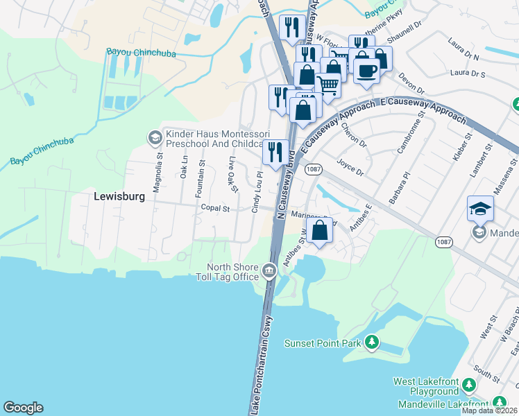 map of restaurants, bars, coffee shops, grocery stores, and more near 177 Copal Street in Mandeville