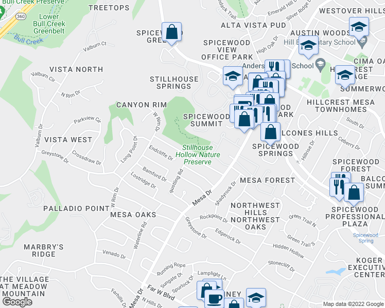 map of restaurants, bars, coffee shops, grocery stores, and more near 4118 Burney Drive in Austin