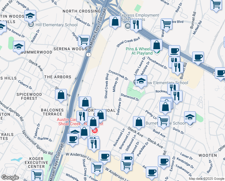 map of restaurants, bars, coffee shops, grocery stores, and more near 8404 Millway Drive in Austin