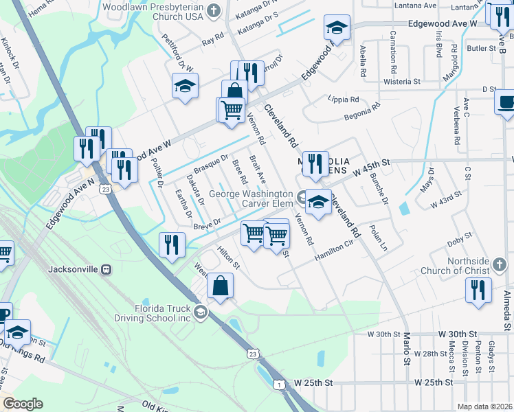 map of restaurants, bars, coffee shops, grocery stores, and more near 2962 Breve Drive in Jacksonville