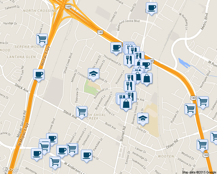 map of restaurants, bars, coffee shops, grocery stores, and more near 8600 Stillwood Lane in Austin