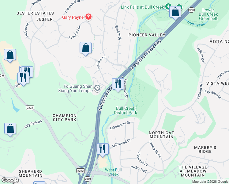 map of restaurants, bars, coffee shops, grocery stores, and more near 6805 North Capital of Texas Highway in Austin