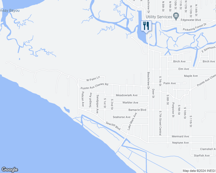 map of restaurants, bars, coffee shops, grocery stores, and more near 9309 Pointe Aux Chenes Road in Ocean Springs