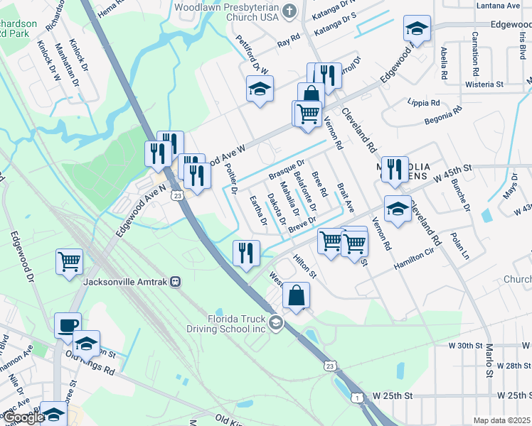 map of restaurants, bars, coffee shops, grocery stores, and more near 5533 Eartha Drive in Jacksonville