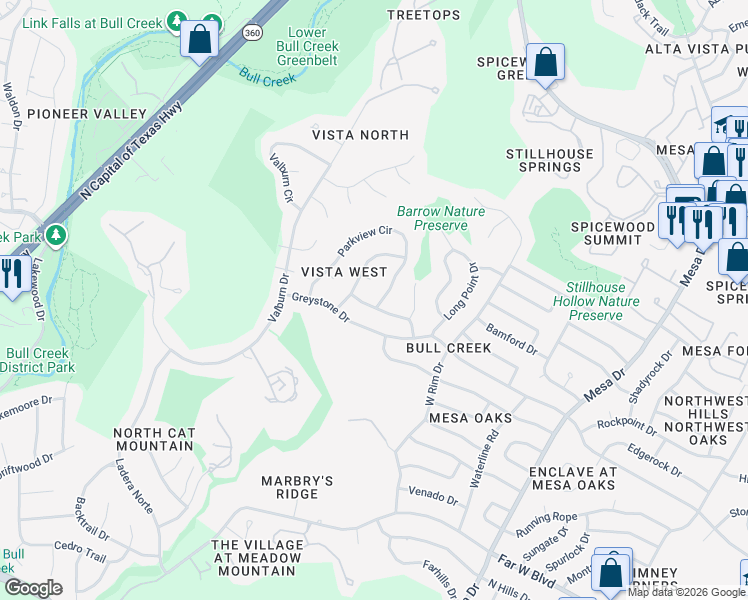 map of restaurants, bars, coffee shops, grocery stores, and more near 7500 Parkview Circle in Austin
