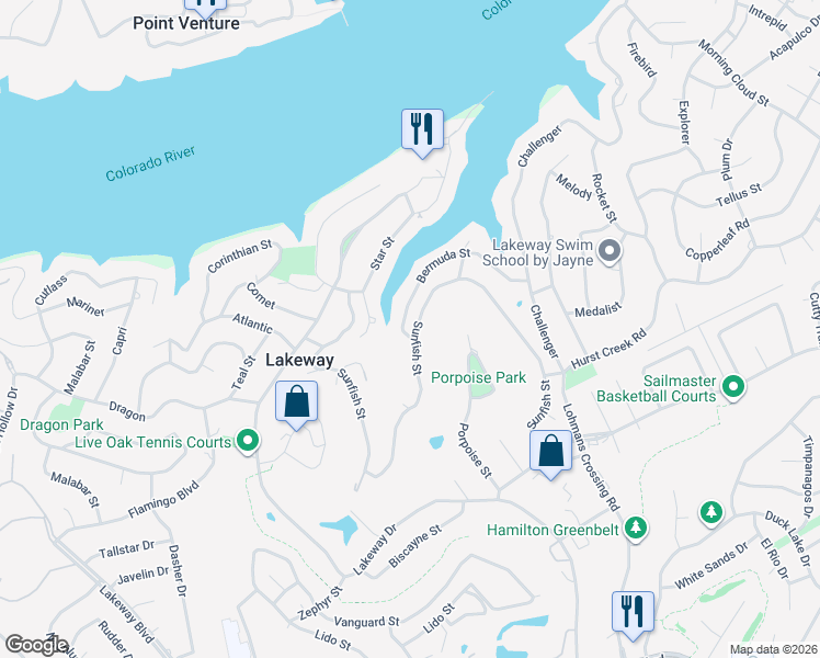 map of restaurants, bars, coffee shops, grocery stores, and more near 702 Sunfish Street in Lakeway