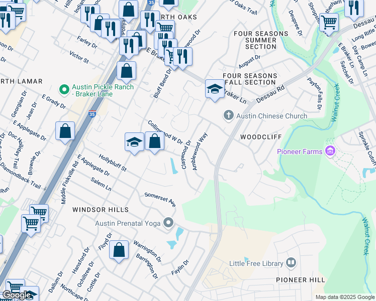 map of restaurants, bars, coffee shops, grocery stores, and more near 10908 Amblewood Way in Austin