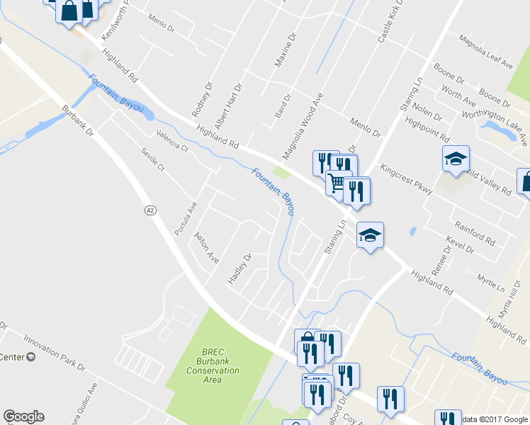 map of restaurants, bars, coffee shops, grocery stores, and more near 7816 Clover Ridge Avenue in Baton Rouge
