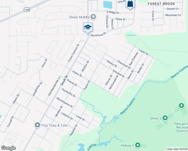 map of restaurants, bars, coffee shops, grocery stores, and more near 2075 Dupre Street in Mandeville