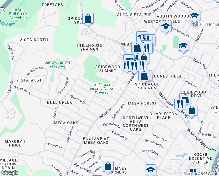 map of restaurants, bars, coffee shops, grocery stores, and more near 4118 Ridge North Trail in Austin