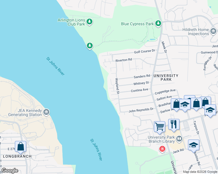 map of restaurants, bars, coffee shops, grocery stores, and more near 3818 Sandy Shores Drive in Jacksonville