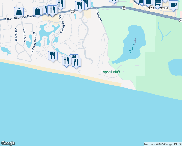 map of restaurants, bars, coffee shops, grocery stores, and more near 9011 US Highway 98 West in Miramar Beach