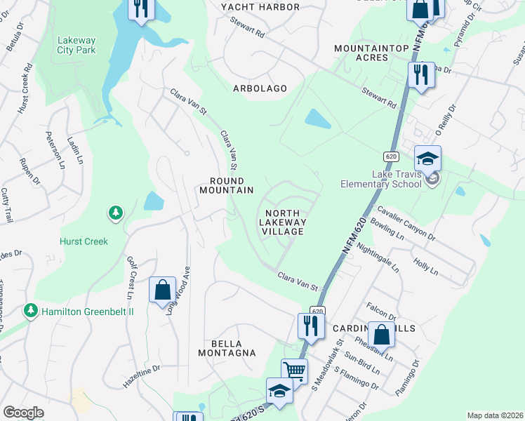 map of restaurants, bars, coffee shops, grocery stores, and more near 216 Bellagio Drive in Austin