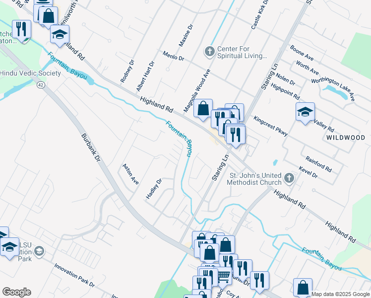 map of restaurants, bars, coffee shops, grocery stores, and more near 253 Meadow Bend Drive in Baton Rouge
