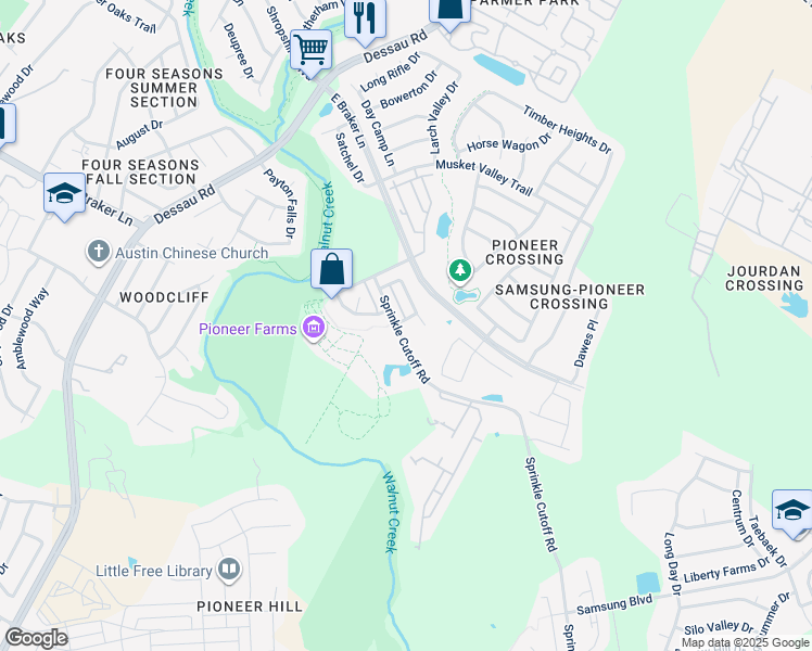 map of restaurants, bars, coffee shops, grocery stores, and more near 10805 Trail Weary Drive in Austin