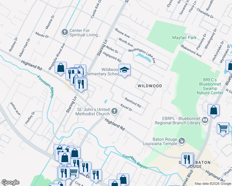 map of restaurants, bars, coffee shops, grocery stores, and more near 272 Halfway Tree Road in Baton Rouge