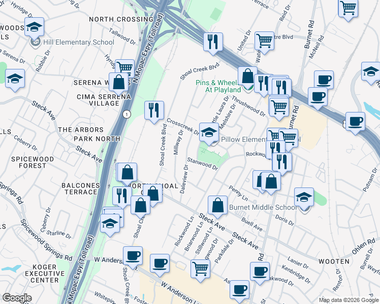 map of restaurants, bars, coffee shops, grocery stores, and more near 8409 Daleview Drive in Austin