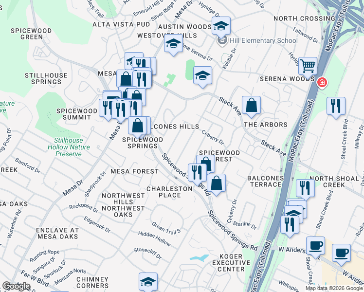 map of restaurants, bars, coffee shops, grocery stores, and more near 8012 Greenslope Drive in Austin