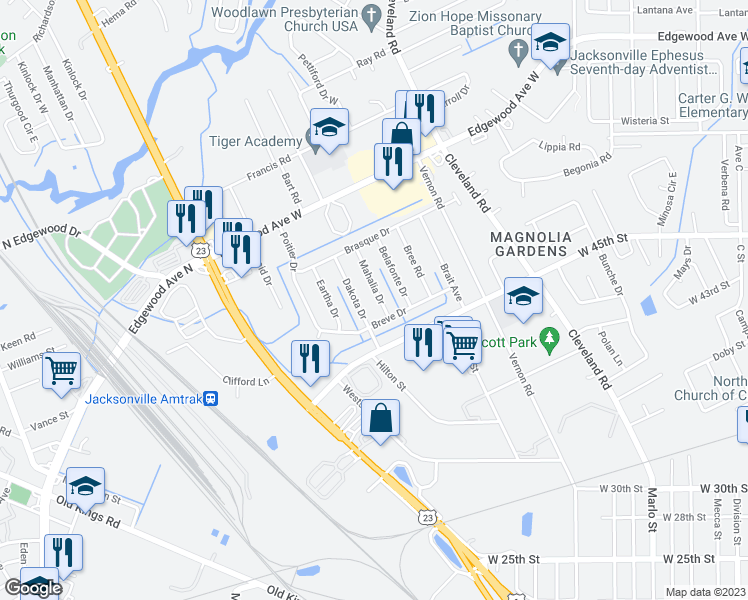 map of restaurants, bars, coffee shops, grocery stores, and more near 5534 Mahalia Drive in Jacksonville